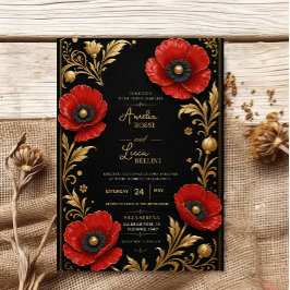 Convites Luxury Red Poppy Black and Gold Floral Elegant 