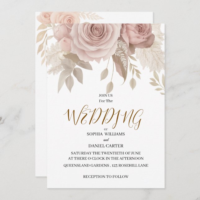 Convites Luxury Rose Gold Blush Botanical Wedding Card (Frente/Verso)