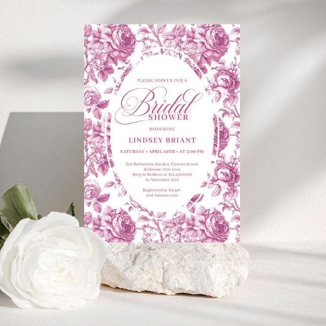 Convites Luxury Rose Gold Toile Roses Floral Bridal Shower  (Luxury Rose Gold Toile Roses Floral Bridal Shower Invite)