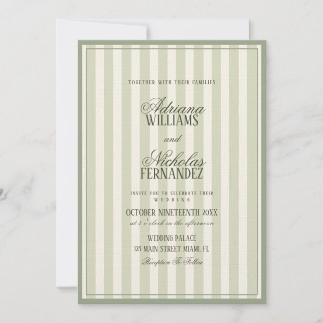 Convites Luxury Sage Green Striped Wedding (Frente)