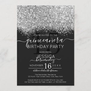 Convites Luxury Silver Black Glitter Confetti Quinceañera
