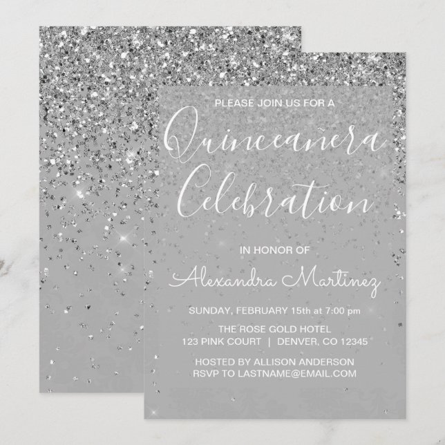 Convites Luxury Silver Girly Glitter Sparkle Quinceanera (Frente/Verso)