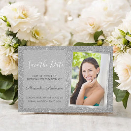 Convites Luxury Silver Glitter Sweet 16 Salve a data