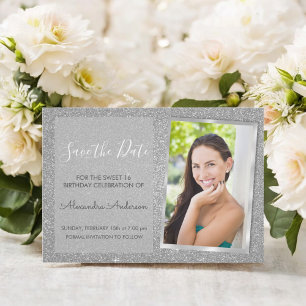 Convites Luxury Silver Glitter Sweet 16 Salve a data