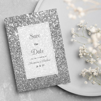 Convites Luxury silver sparkly glitter glam Save The Date 