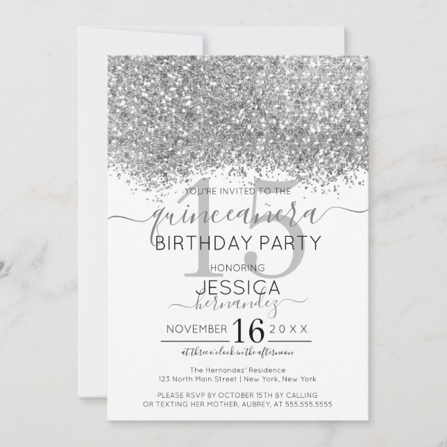 Convites Luxury Silver White Glitter Confetti Quinceañera (Frente)