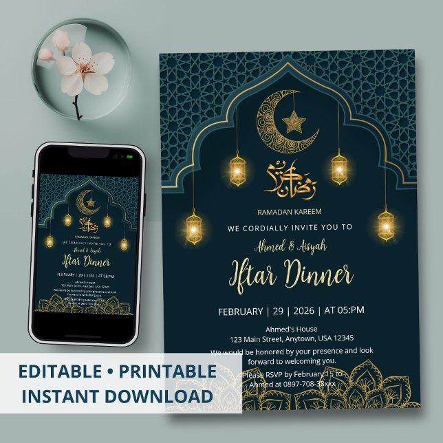 Convites Luxury Teal and Gold Mandala Iftar Invitation (Criador carregado)