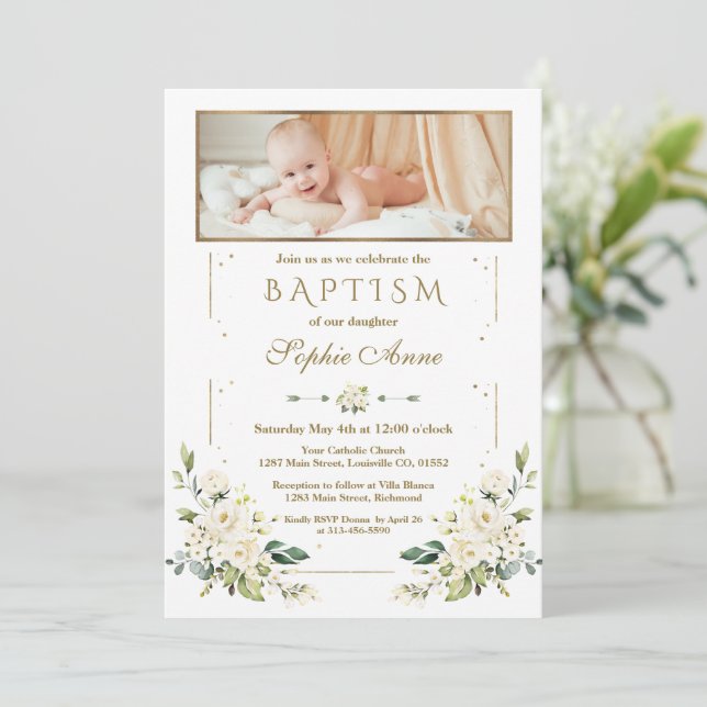 Convites Luxury Watercolor White Floral Gold Photo Baptism  (Em pé/Frente)