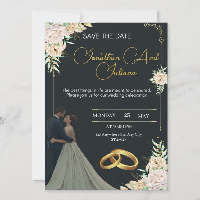 Convites Luxury Wedding Invitation Black and Gold (Frente)