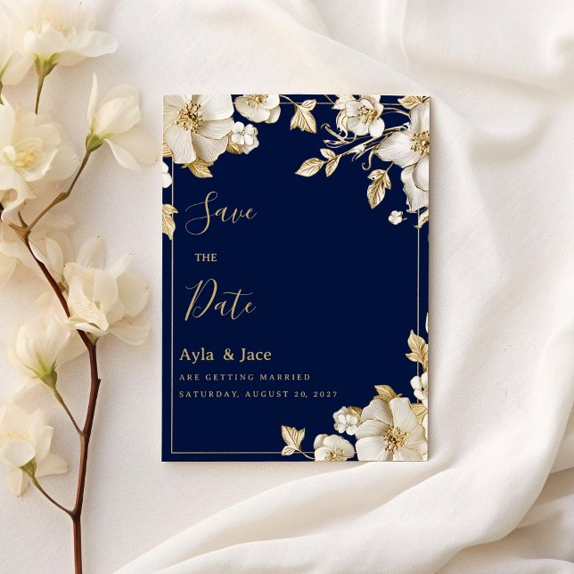 Convites Luxury white gold floral navy blue Save the Date (Luxury white gold floral navy blue Save the Date)