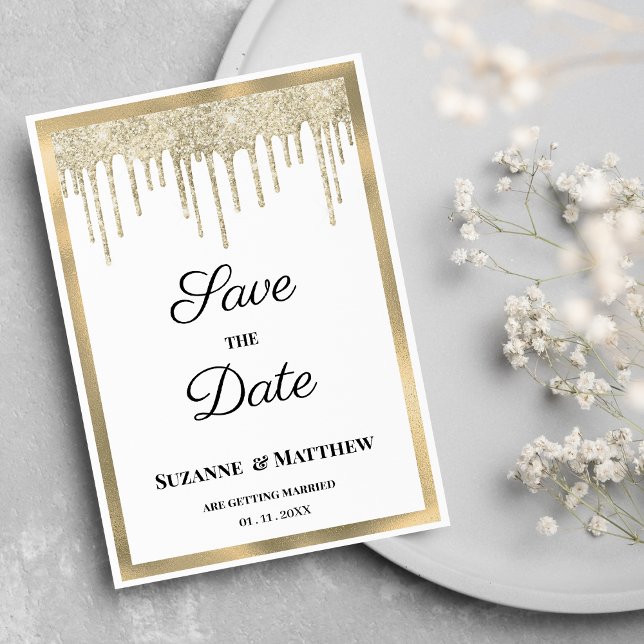 Convites Luxury white gold glitter drips Save the Date (Luxury white gold glitter drips Save the Date)