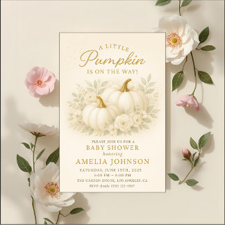 Convites Luxury White & Gold Pumpkin Baby Shower Invitation