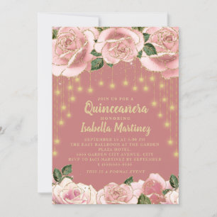 Convites Luz de Corda em Dourado Rosa Estrela Quinceañera F