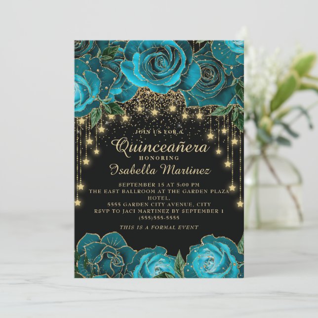Convites Luz de Corda Preta Dourada Turquesa Estrela Quince (Em pé/Frente)