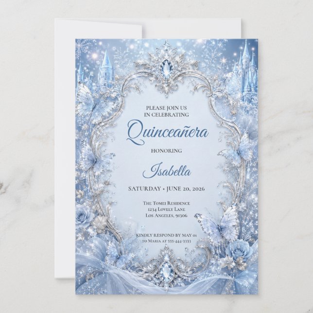 Convites Luz de Inverno Azul Princesa Prata Quinceañera (Frente)