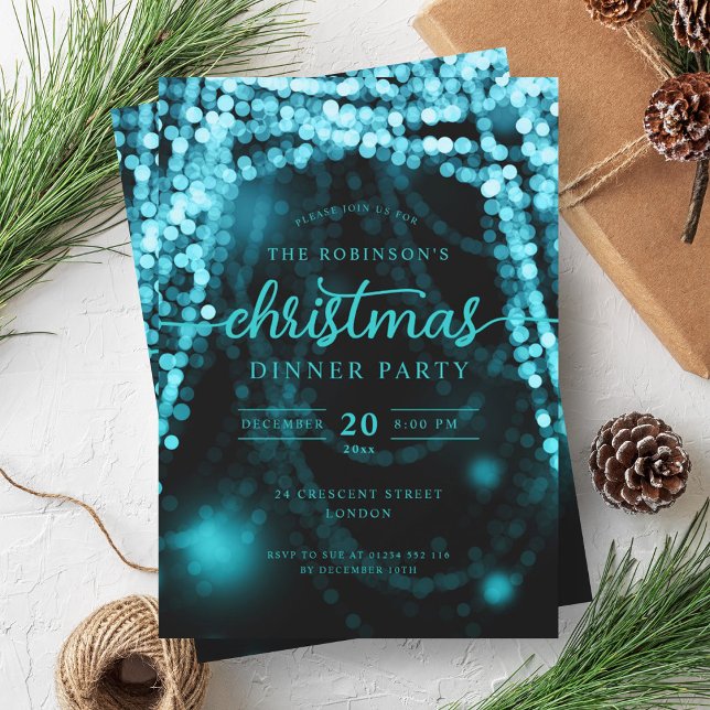 Convites Luz de inverno Luxuosa Turquesa (Luxurious Turquoise Winter Lights Christmas Invitation)