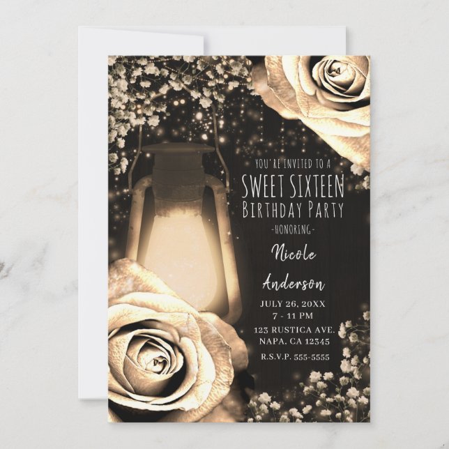 Convites Luz de Lanterna Rustic Glow Dourado Rosas Sweet 16 (Frente)