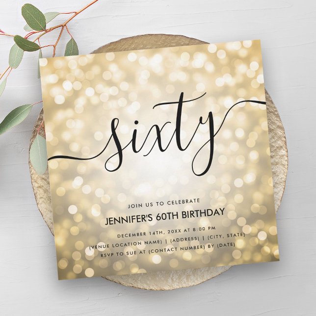 Convites Luz Dourada do Glam Moderno Luz 60º Aniversário (Modern Glam Gold Glitter Lights 60th Birthday Invitation)