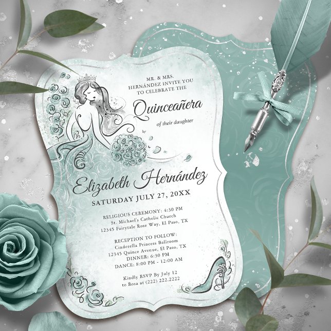 Convites Luz Turquesa Sage Maresia Princesa Quince Anos (Unique princess quinceanera invitations in soft shades of teal, light sage, and seafoam green.)
