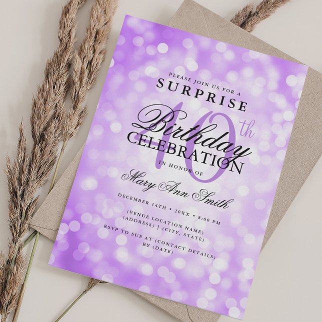Convites Luzes aniversário de 40 anos Roxas da SURPRESA Ele (Elegant SURPRISE 40th Birthday Purple Lights Invitation)