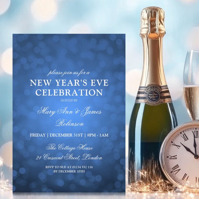 Convites Luzes azuis do Marinho Elegante (Elegant New Years Eve Navy Blue Bokeh Lights Invitation)
