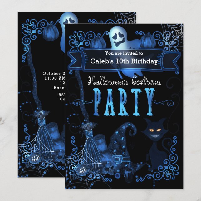 Convites Luzes Azuis Mágicas de Aniversário de Halloween (Frente/Verso)