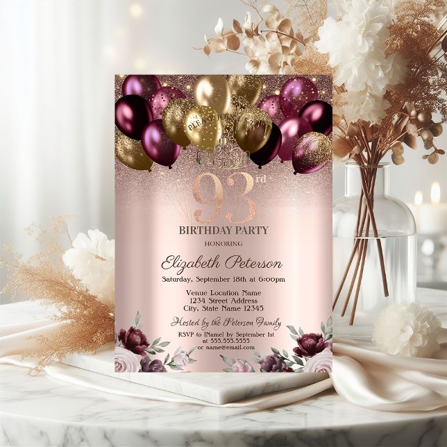 Convites Luzes, Balões de Burgundy Glitter 93º Aniversário (Criador carregado)