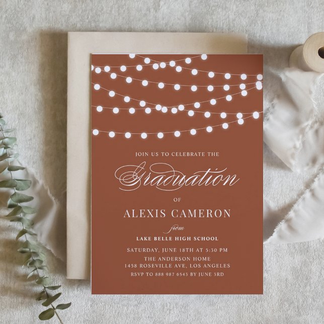 Convites Luzes Brancas Festa de formatura Terracotta (Customizable boho graduation invitation featuring white string lights. Available in other colors.)