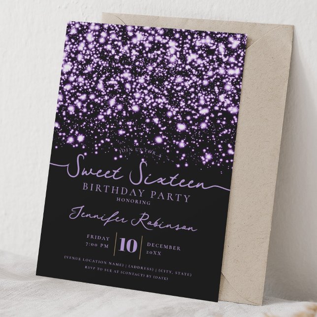 Convites Luzes Brilhantes Chic Doce 16 Aniversário Roxo  (Criador carregado)