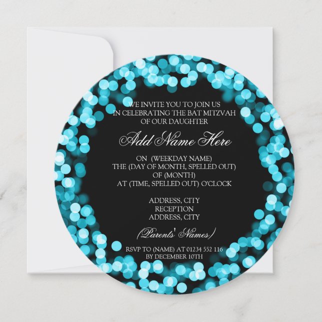 Convites Luzes brilhantes de Bat Mitzvah Turquoise (Frente)