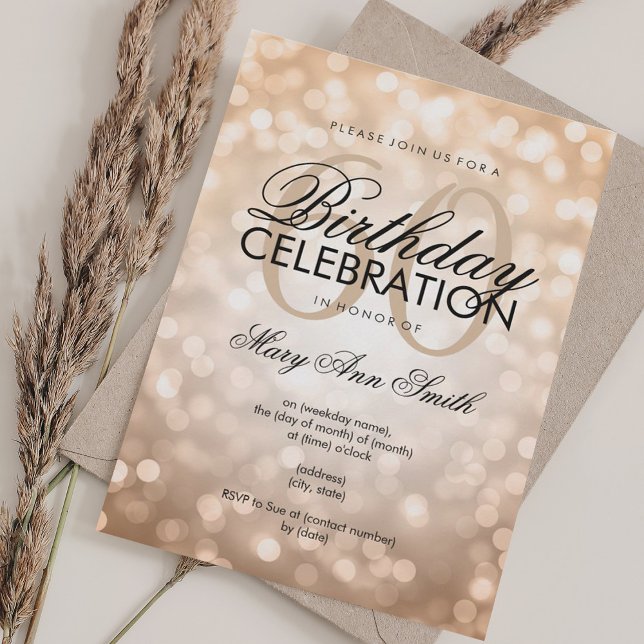 Convites Luzes brilhantes de cobre da 60ª Festa de aniversá (Elegant 60th Birthday Party Copper Glitter Lights Invitation)