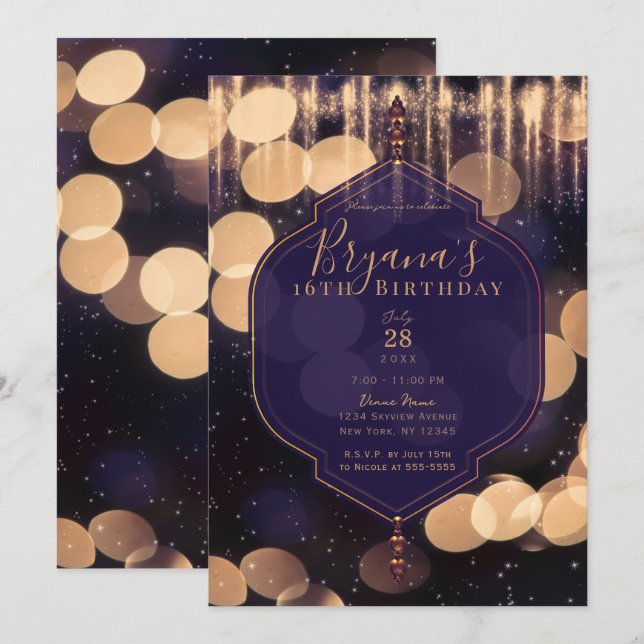 Convites Luzes Brilhantes Dourado Roxo Noite Mística Doce 1 (Frente/Verso)