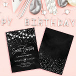 Convites Luzes brilhantes pretas de prata doce 16<br><div class="desc">Este convite de aniversário majestoso e glamouroso e doce dezesseis é perfeito para a menina feminina. Ele apresenta linhas luminosas suspensas brilhantes sobre o falso confete cintilante prateado em um fundo abstrato preto inspirado por estrelas no céu noturno. É bonito, chique, moderno, moderno e legal; o design perfeito para o...</div>
