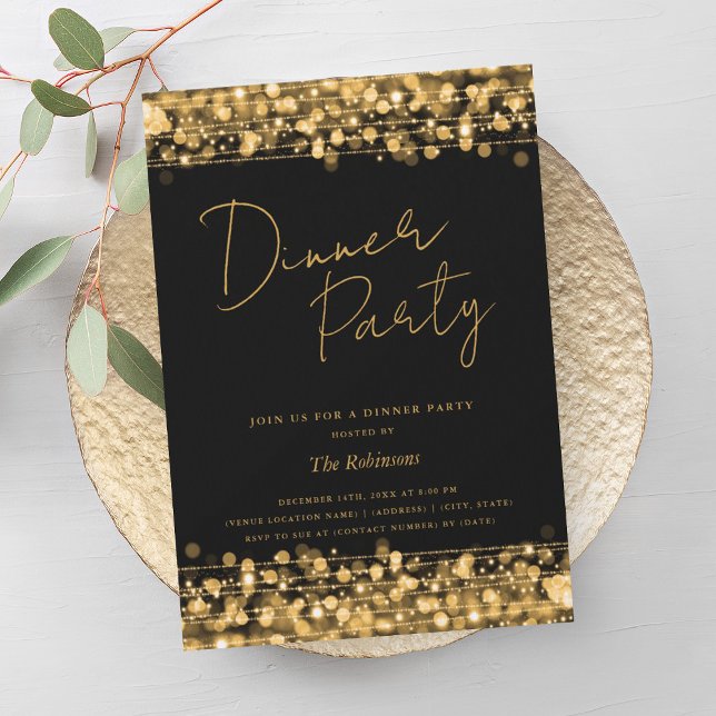 Convites Luzes Chiques Douradas Roteiro Jantar Festa Preto (Gold Chic Lights Script Dinner Party Black Invitation)