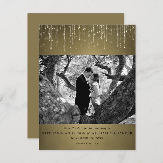 Convites Luzes cintilantes Foto Dourada Salvar Data (Frente/Verso)