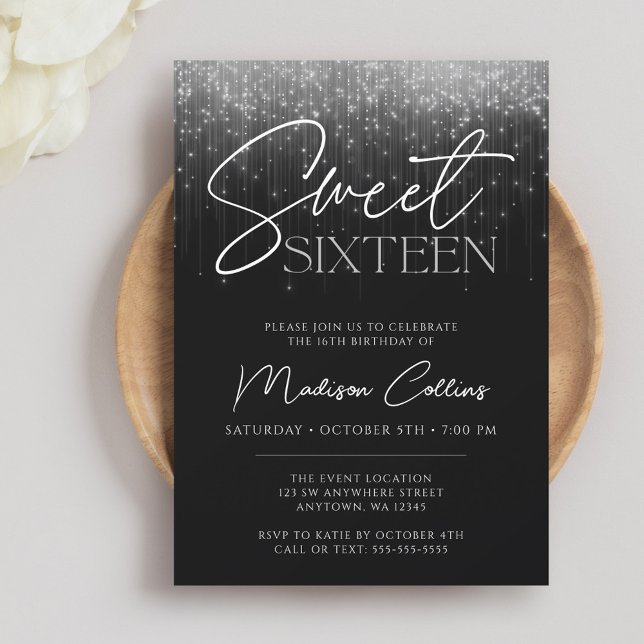Convites Luzes Cinza Prateado Preto Sweet 16 (Criador carregado)