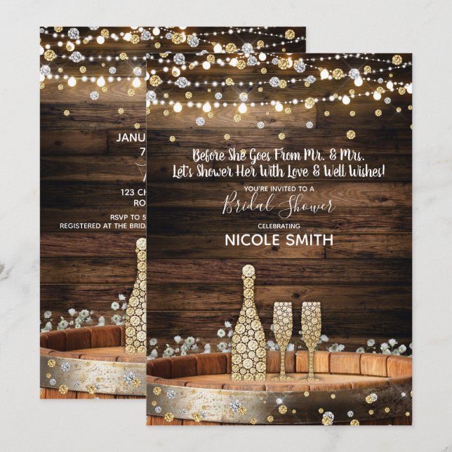 Convites Luzes de Barril de Madeira Rústica para Festa de N (Frente/Verso)