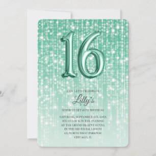 Convites Luzes de brilho verde Foil Balão 16º aniversári