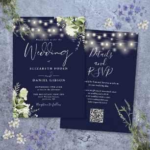 Convites Luzes de Corda Azuis Navy Florais Código QR Casame