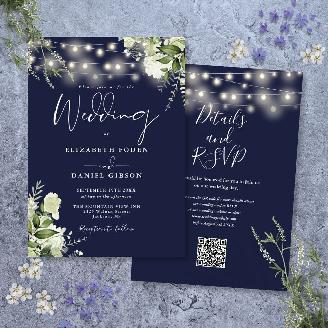 Convites Luzes de Corda Azuis Navy Florais Código QR Casame (Navy Blue String Lights Floral QR Code Wedding Invitation)