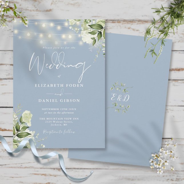 Convites Luzes de Corda Azul Empoeirado com Monograma Flora (Dusty Blue String Lights Floral Monogram Wedding Invitation)