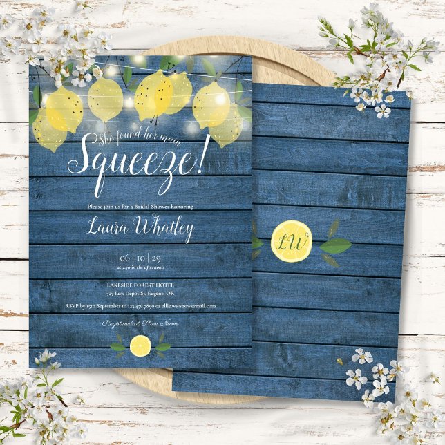 Convites Luzes de Corda Azul Madeira Squeeze Principal Chá  (String Lights Blue Wood Main Squeeze Bridal Shower Invitation)