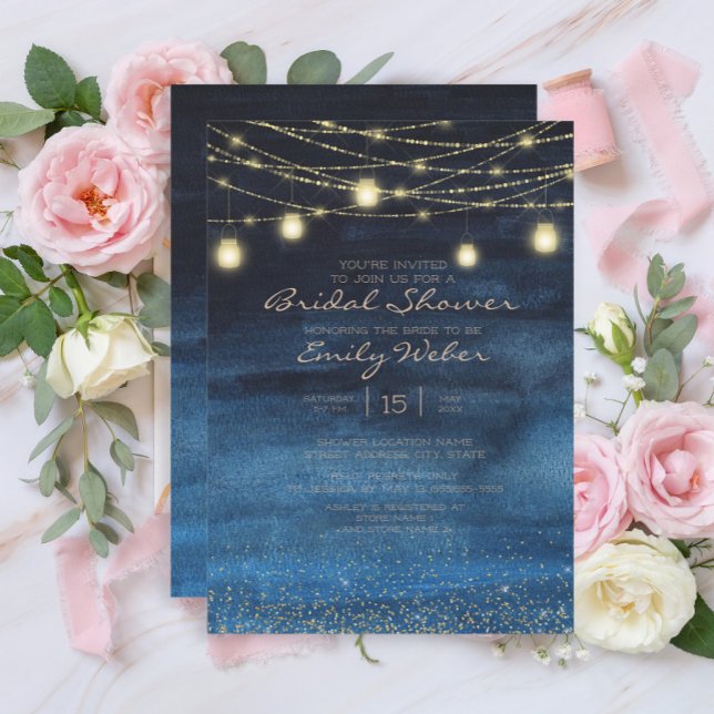 Convites Luzes de Corda Azul Marinho Douradas Lanternas Chá (Navy blue and gold string lights bridal shower invitation)