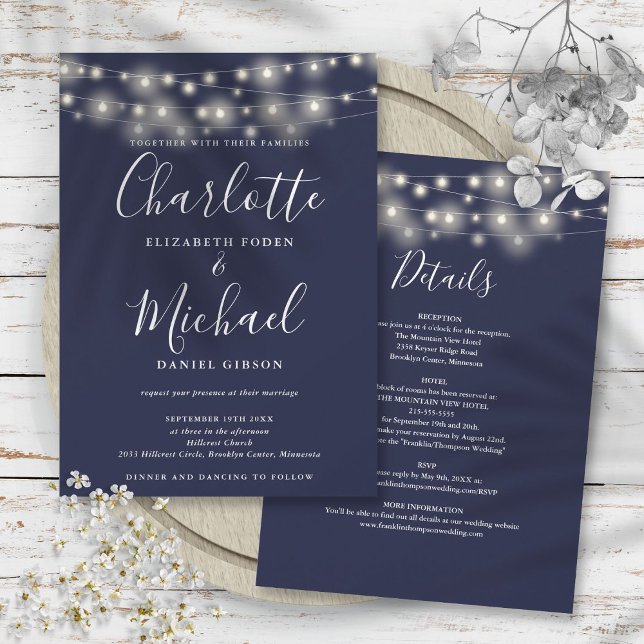 Convites Luzes de Corda Azul Marinho Tudo em Um Simples Cas (String Lights Navy Blue All In One Simple Wedding Invitation)
