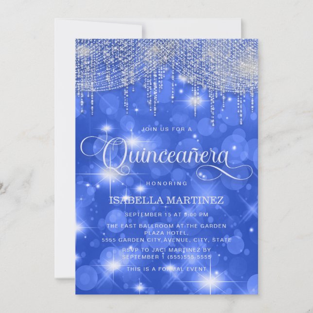 Convites Luzes de Corda Azul Real Brilham Quinceañera (Frente)