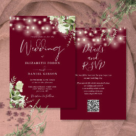 Convites Luzes de Corda Borgonha Floral Código QR Casamento
