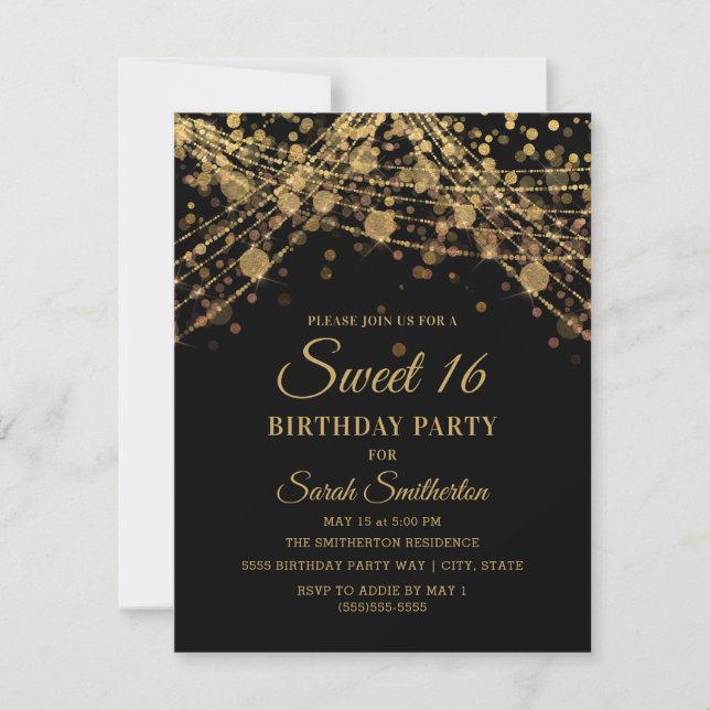 Convites Luzes de Corda Brilhantes Preto Dourado Sweet 16 (Frente)