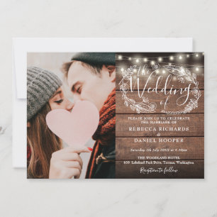 Convites Luzes de Corda Casamento Foto Script Madeira Rústi