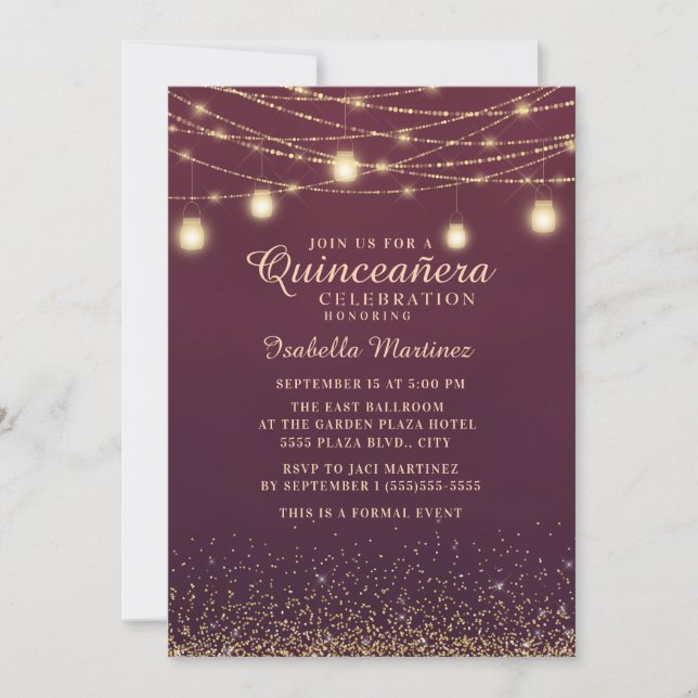 Convites Luzes de Corda com Brilho Dourado Borgonha Quincea (Frente)