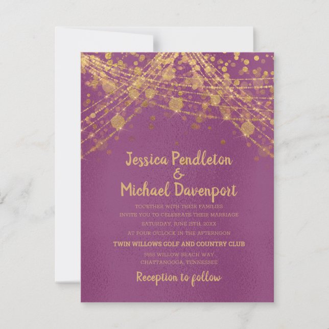 Convites Luzes de Corda com Glitter Dourado Roxo Casamento (Frente)